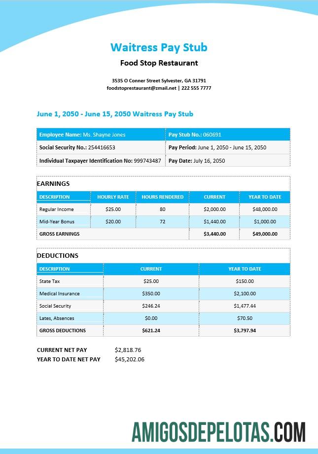 Imprimível Modelo de recibo de pagamento de garçonete